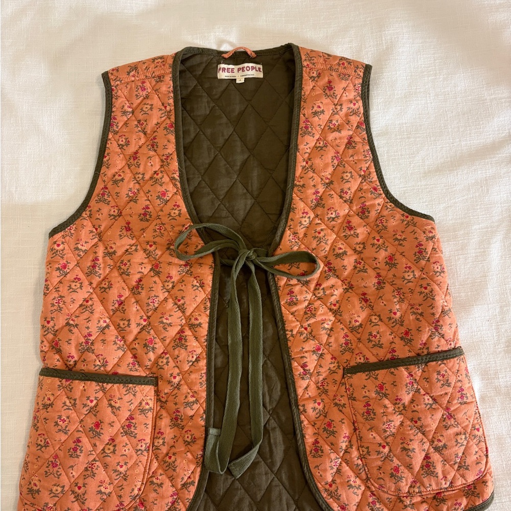 Free People Quilted Floral Vest - Orange and Green